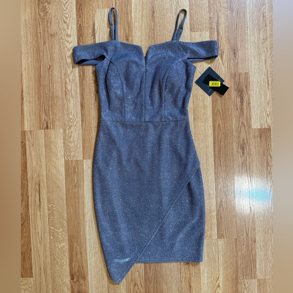 I.N. San Francisco Metallic Charcoal Off-Shoulder Bodycon Mini Dress Size 1